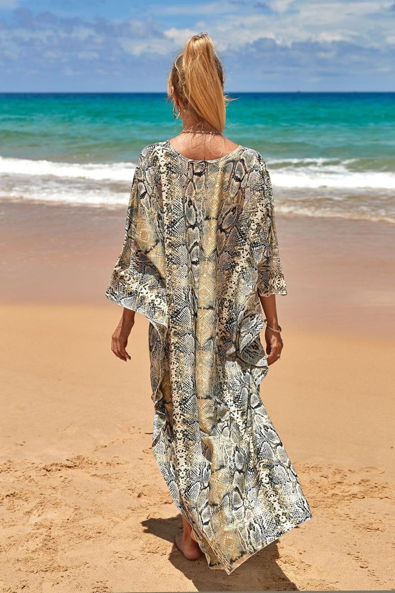 IMAGEKOPE Women's Plus Size Animal Print V-Neck Batwing Kaftan Beach Dress Bathing Suit Cover-Up Loungewear - Image 4